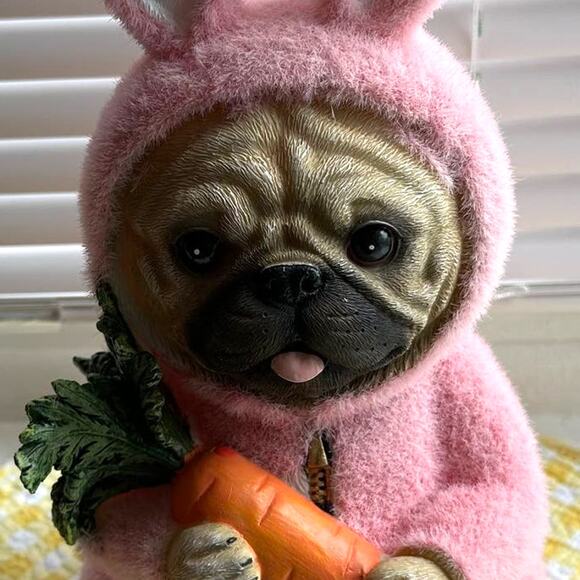 Pug Dressed in Pink Fuzzy Bunny Suit Figurine NWT - Picture 5 of 8